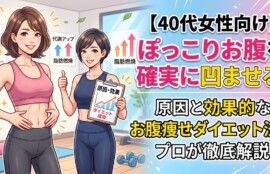 健康的な40代女性とパーソナルトレーナーがジムで笑顔で立つイラスト。左の女性は引き締まった腹部を指しており、右のトレーナーは「ダイエット成功」のカルテを持ってサムズアップしている。画像の上部と右側には大きな文字で「【40代女性向け】ぽっこりお腹を確実に凹ませる！原因と効果的なお腹痩せダイエット法をプロが徹底解説」と書かれている。背景のポスターやチャートには「代謝アップ」「脂肪燃焼」「栄養バランス」などのキーワードが表示されている。