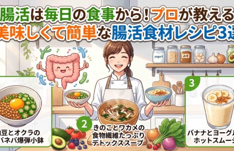 「腸活は毎日の食事から！プロが教える美味しくて簡単な腸活食材レシピ3選」のタイトル文字。笑顔の女性と、腸活におすすめの3つのメニュー（納豆とオクラのネバネバ爆弾小鉢、きのことワカメの食物繊維たっぷりデトックススープ、バナナとヨーグルトのホットスムージー）が描かれたアイキャッチイラスト。