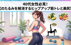 「40代女性必見！お尻のたるみを解消するヒップアップ筋トレと美尻習慣」のタイトル文字と、トレーニングウェアを着た女性がヒップアップをしているイラスト