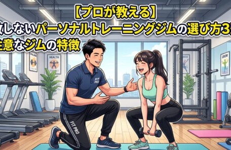 【プロが教える】失敗しないパーソナルトレーニングジムの選び方3選と要注意なジムの特徴。笑顔で指導する男性トレーナーとトレーニングをする女性客のイラスト画像。
