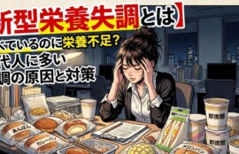 デスクにパンやカップ麺などの炭水化物ばかりを並べ、疲労や頭痛で頭を抱える現代の女性会社員のイラスト。「【新型栄養失調とは】食べているのに栄養不足？現代人に多い不調の原因と対策」のタイトルテキスト入りアイキャッチ画像。