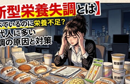 デスクにパンやカップ麺などの炭水化物ばかりを並べ、疲労や頭痛で頭を抱える現代の女性会社員のイラスト。「【新型栄養失調とは】食べているのに栄養不足？現代人に多い不調の原因と対策」のタイトルテキスト入りアイキャッチ画像。