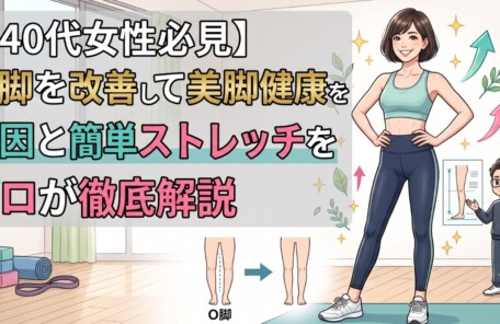マンガスタイルのブログアイキャッチ画像。上部に日本語タイトル「【40代女性必見】O脚を改善して美脚と健康を手に入れる！原因と簡単ストレッチをプロが徹底解説」のテキスト。フィットネスウェアを着て、ヨガマットの上に立つ笑顔の40代女性。右下に、O脚と正常脚の比較図とそれを指す小さな男性トレーナー。背景はクリーンなフィットネススタジオ。