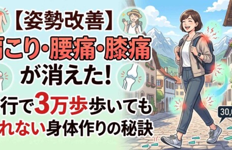 パーソナルトレーニングスタジオSlen(スレン)のブログ記事「【姿勢改善】肩こり・腰痛・膝痛が消えた！旅行で3万歩歩いても疲れない身体作りの秘訣」のアイキャッチ画像。姿勢改善により肩こりや腰痛、膝痛がなくなり、笑顔で元気に旅行先を歩く女性のイラスト。