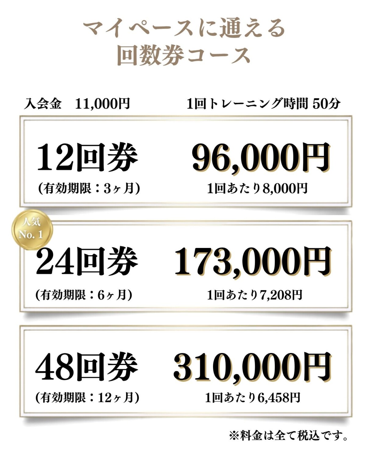 広島市中区南竹屋町のパーソナルトレーニングスタジオSlen(スレン)。マイペースに通える回数券コース料金表。入会金11,000円、1回トレーニング時間50分。12回券96,000円(有効期限3ヶ月)、人気No.1の24回券173,000円(有効期限6ヶ月)、48回券310,000円(有効期限12ヶ月)。※料金は全て税込です。