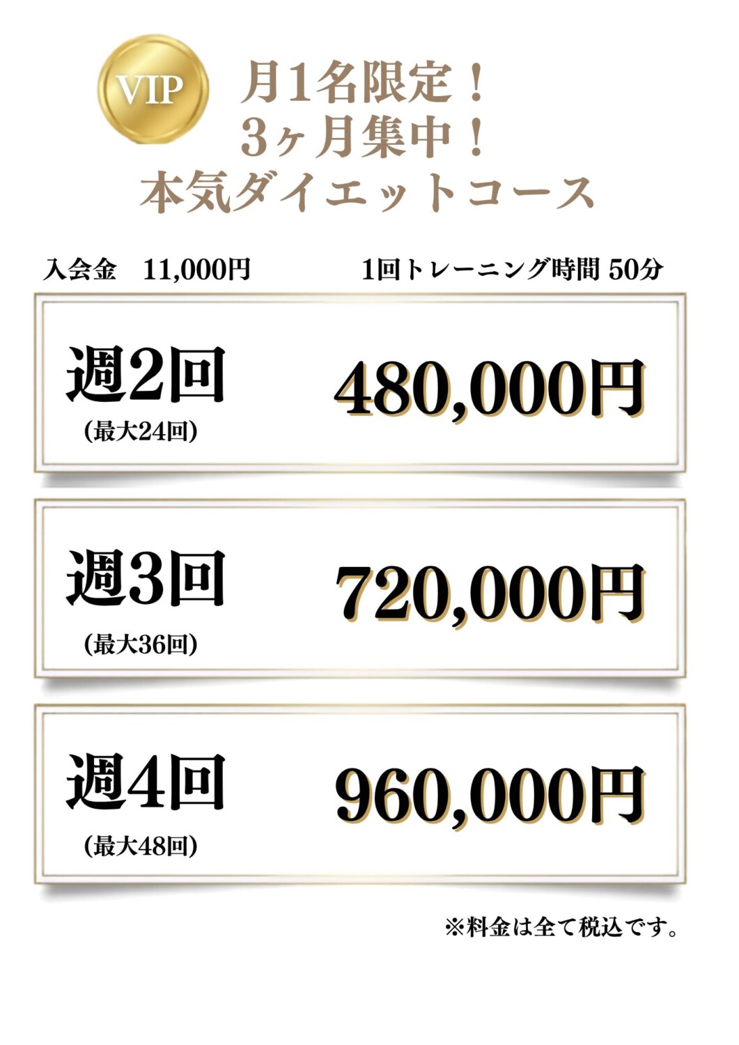 Slenの本気ダイエットコース料金表。月1名限定・3ヶ月集中、1回50分。週2回(最大24回)480,000円、週3回(最大36回)720,000円、週4回(最大48回)960,000円。別途入会金11,000円。すべて税込。